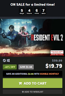 RESIDENT EVIL 2 BIOHAZARD RE 2 the Humble Store sale Featured
