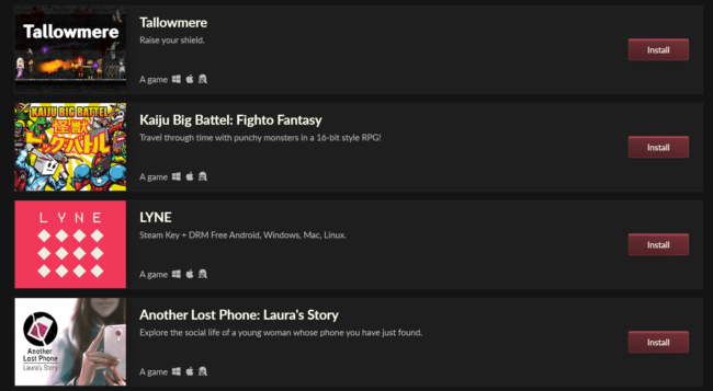 Screenshot of selected itch.io games that offer DRM-free Android .APKs