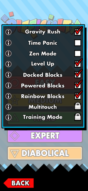 Screenshot of Collapsus game options, including zen mode
