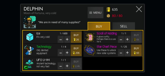 Screenshot of a merchant buy screen in Galaxy Trader