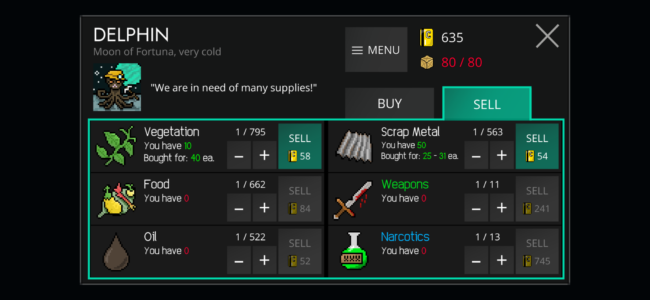 Screenshot of a merchant sell screen in Galaxy Trader