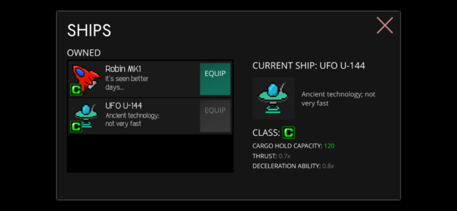 Screenshot of Galaxy Trader ship selection screen