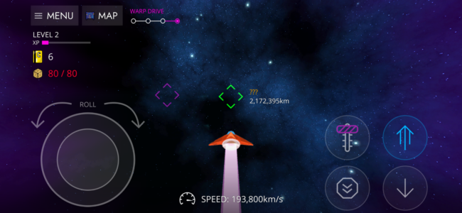 Screenshot of Galaxy Trader while traveling through space at warp drive speeds