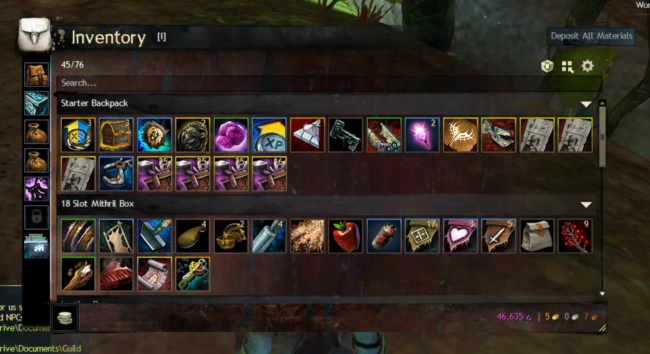 Zoomed-In Screenshot of Guild Wars 2 Inventory and Deposit All Materials Button