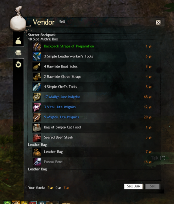 Zoomed-In Screenshot of Guild Wars 2 Vendor and Sell Junk Button